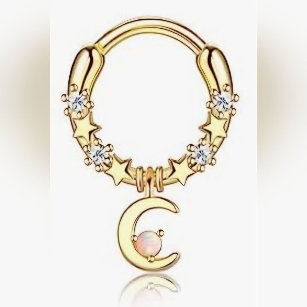 Gold Tone Stainless Steel Moon  Stars Opal  Cz Septum Clicker Nose Ring